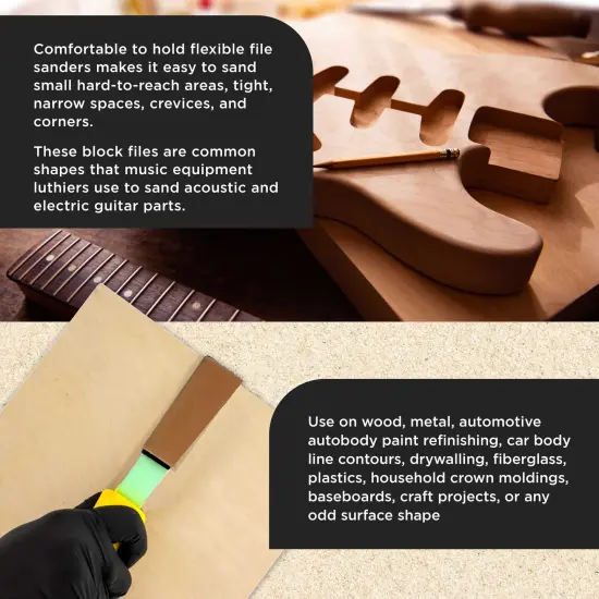 Dura-Gold Set of 3 Different Contour Hand Sanding File Block Sticks with 40 Sheet Hook & Loop Sandpaper Kit - Flat Convex Radius Profile Shapes {6}