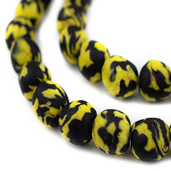 The Bead Chest Black & Yellow Fused Recycled Glass Beads 14mm Ghana African Multicolor Round Large Hole 30 Inch Strand Handmade Fair Trade {1}