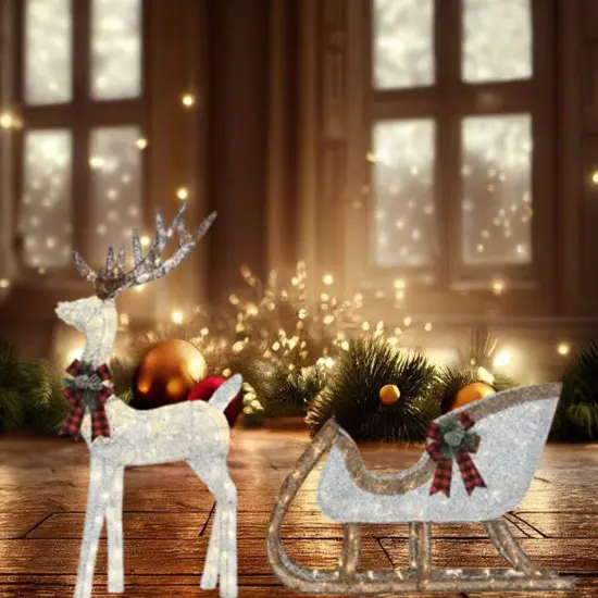 48"H Silver Deer with 38"L Sleigh Lighted Outdoor Christmas Display {3}