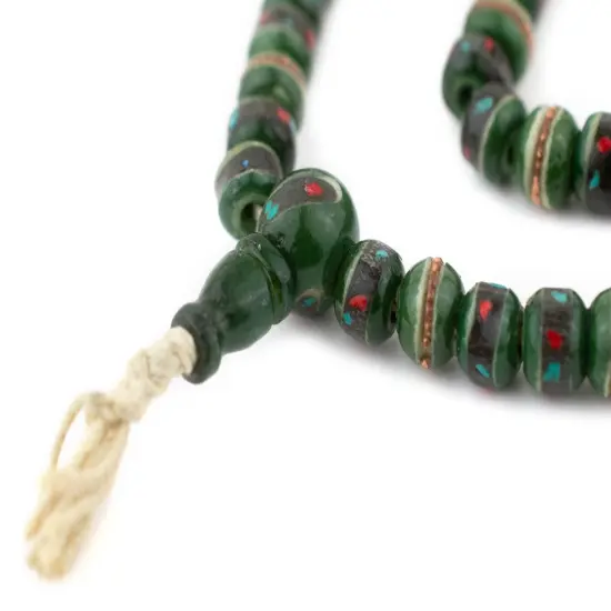 The Bead Chest Green Vintage Inlaid Bone Prayer Beads (8mm) {4}
