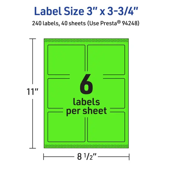 Avery Neon Green Paper Labels, 3" x 3.75" Rectangle {5}