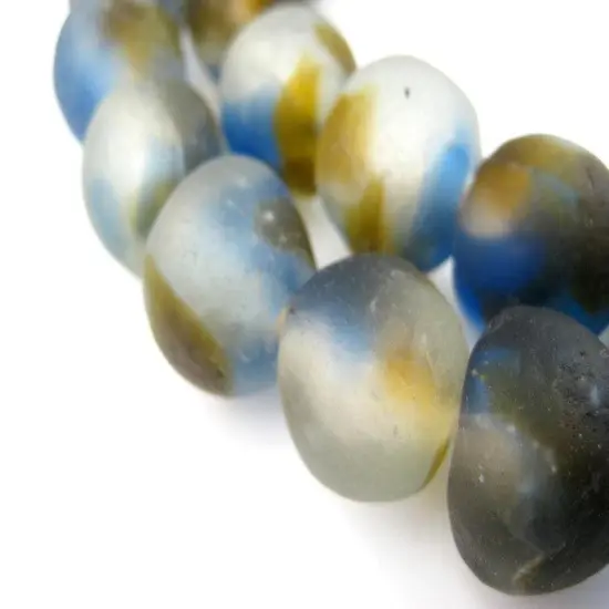 The Bead Chest African Recycled Glass Beads &ndash; Handmade in Ghana &ndash; Blue Brown Swirl 18mm Strand for Jewelry Making, Crafts, and Home Decor I Approximately 40 Beads {2}