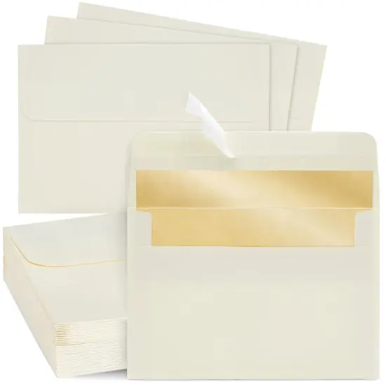 50 Pack 4x6 Ivory Envelopes for Invitations, Wedding, A6 Size with Gold Lining and Self Adhesive Peel and Stick White {1}