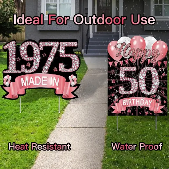 7Pcs Rose Gold 50th Birthday Yard Sign Decorations for Women,Happy 50th Birthday Made in 1975 Lawn Sign Party Supplies,Fifty Year Old Birthday Outdoor Yard Decor with Stakes {3}