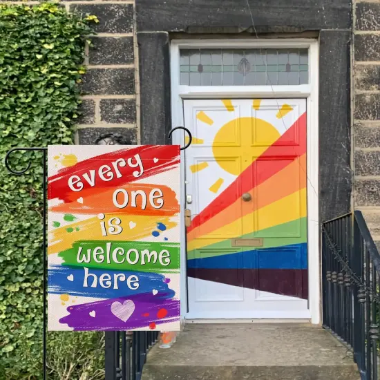 Rainbow Every One is Welcome Here Small Decorative Garden Flag {4}