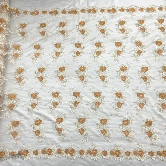 1 Yard Corded Bridal Lace Fabric Embroidered Net Mesh Sage Pink 53" Width Beige/Gold {1}
