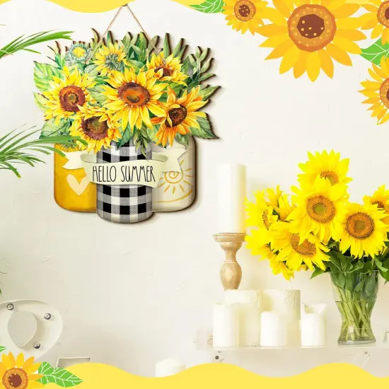 Sunflower Hello Summer Sign Welcome Wood Flower Sign Front Door Decor Inspirational Wood Hanging Door Sign Outdoor Wooden Front Door Decorations for Farmhouse Porch {2}