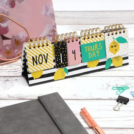 Lemon Perpetual Flip Calendar for Office Desktop, Classroom Supplies, Desk Calendar with Day, Date, and Month Display for Planning, Home, Kitchen Decor (8 x 3.5 Inches) Multicolor {3}