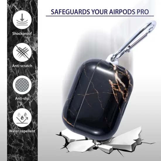 Marble Case Compatible with Airpods Pro, Glossy Soft TPU Protective Smooth Cover with Portable Keychain, Supports Wireless Charging, Shockproof & Anti-Scratch, Shinny Black Marble by Insten {2}