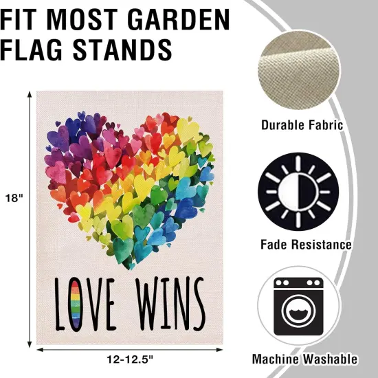 Gay Pride Love Wins Rainbow Small Decorative Garden Flag, LGBTQ Hearts Yard Lawn Outside Pride Month Decor, Lesbian Bisexual Pansexual Burlap Outdoor Home Decoration Double Sided 12 x 18 {2}