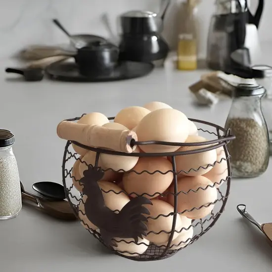 Wire Egg Basket for Gathering Fresh Eggs Collecting Basket With Handle,Rusty Chicken Decorated Small Chicken Egg Basket {5}