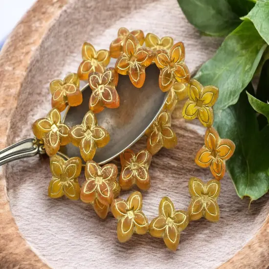 *10* 17mm Bronze Washed Matte Translucent Orange Amber 4 Petal Lily Flower Beads {2}
