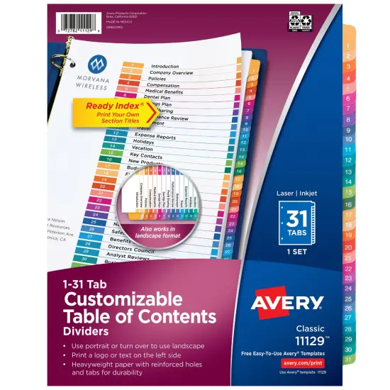 Avery 1-31 Dividers for 3 Ring Binders, 31 Tabs per Set, Customizable Table of Contents, Multicolor Tabs (11129) {1}