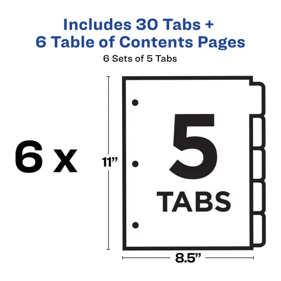 Avery Dividers for 3 Ring Binders, 5 Tabs per Set, Customizable Table of Contents, Classic White Tabs (6 Sets of 11821) {4}