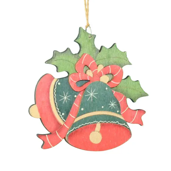 Hand Painted Wood Ornament - Bells - Red & Green {1}