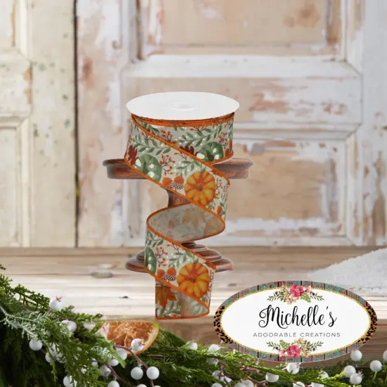 1.5" Pumpkin Foliage Ribbon: Light Natural (10 Yards) {2}