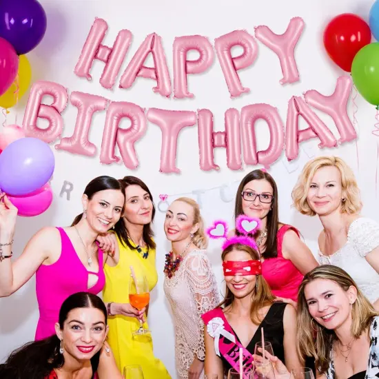 Happy Birthday Foil Balloons Banner - 16 Inch (Pink) {3}