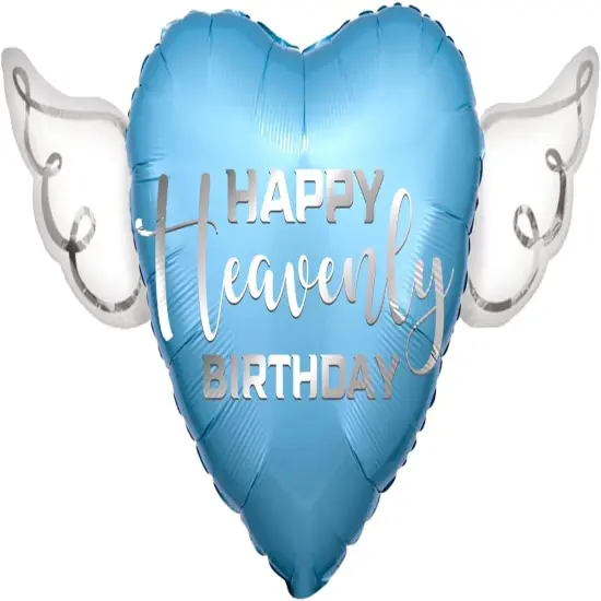 Blue Happy Heavenly Birthday Heart Balloon with Angel Wings {1}