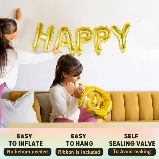 Gold Happy Birthday Balloons Banner | Letter Balloon Sign {5}