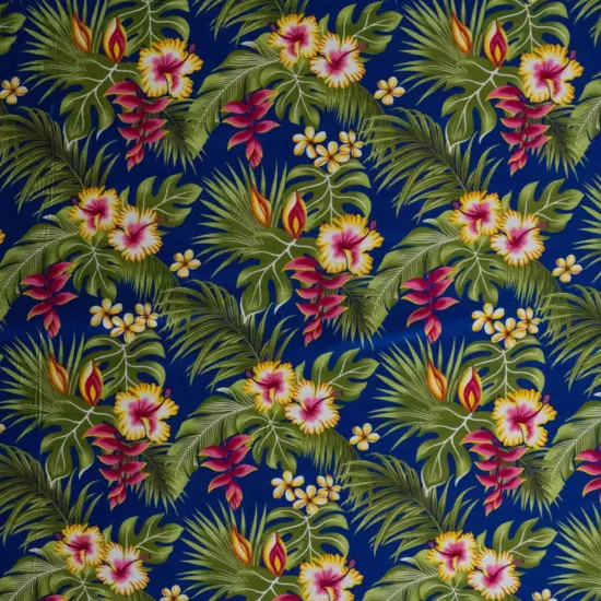 1 Yard Hibiscus Plumeria Split Banana Palm Leaves Rayon Poplin Fabric 44/45" Wide Navy {1}