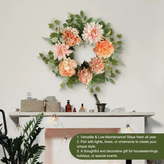 Summer Floral Wreath for Front Door, 20 Inch Artificial Wreath with Peony, Dahlia, and Hydrangea Flowers, Floral Wreath for Window, Porch, and Wall Decor, Year-Round Home Decoration {5}