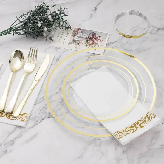 700PCS Gold Disposable Dinnerware Set &ndash; Plates, Cutlery, Cups & Napkins for 100 Guests {5}