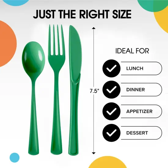 Exquisite Polished Plastic Silverware &ndash; 150 Pcs Heavy Duty Cutlery Set &ndash; 50 Each of Forks, Knives & Spoons &ndash; Disposable Utensil Set for Parties, Events & Catering &ndash; Flatware Set by Party Solids Emerald {3}