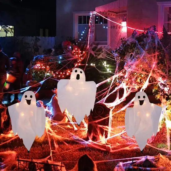 3 Pack Lighted White Cloth Ghost Stakes {3}
