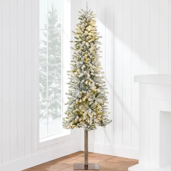 Flocked Pencil Christmas Tree Slim Alpine Green Tree with 250 LED Lights, Snowy Branches & Metal Stand {1}