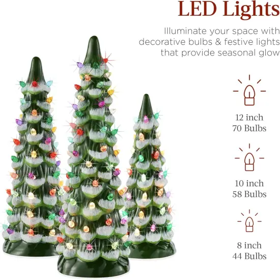 Set of 3 Ceramic Christmas Trees Pre-Lit Tabletop D&eacute;cor with LED Lights Green W {9}