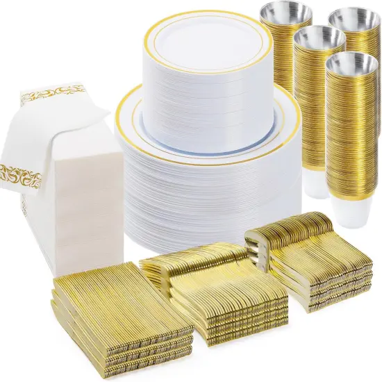 700PCS Gold Disposable Dinnerware Set &ndash; Plates, Cutlery, Cups & Napkins for 100 Guests {1}