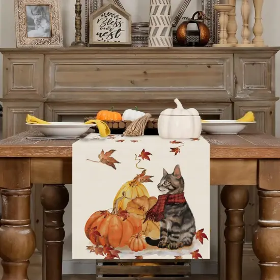 Fall Table Runner Pumpkins Cat Maple Leaf Autumn Harvest Seasonal Thanksgiving Decorations for Home Kitchen Dining Room Party Decor 13 x 72 Inch {5}