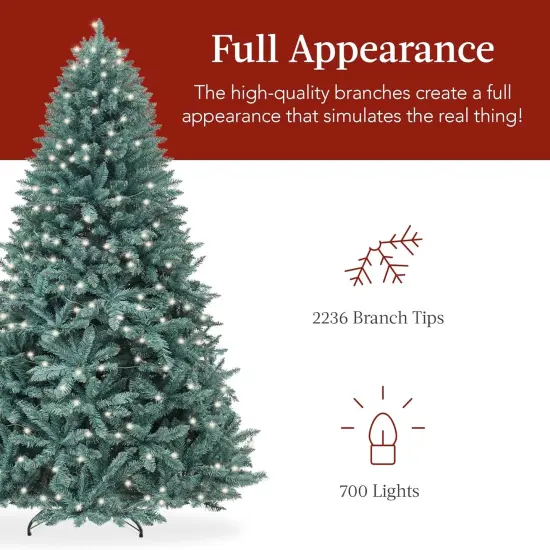 Pre Lit Blue Spruce Christmas Tree, 700 Warm White Incandescent Lights, Hinged PVC, Foldable Metal Base Green {4}