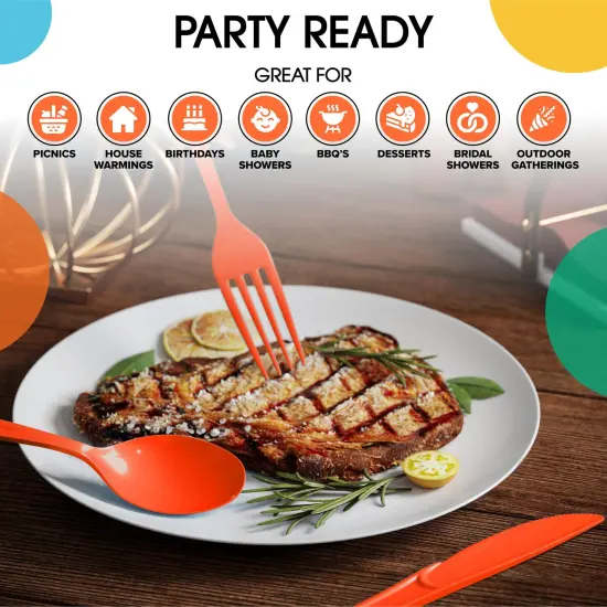 Exquisite Polished Plastic Silverware &ndash; 150 Pcs Heavy Duty Cutlery Set &ndash; 50 Each of Forks, Knives & Spoons &ndash; Disposable Utensil Set for Parties, Events & Catering &ndash; Flatware Set by Party Solids Orange {6}