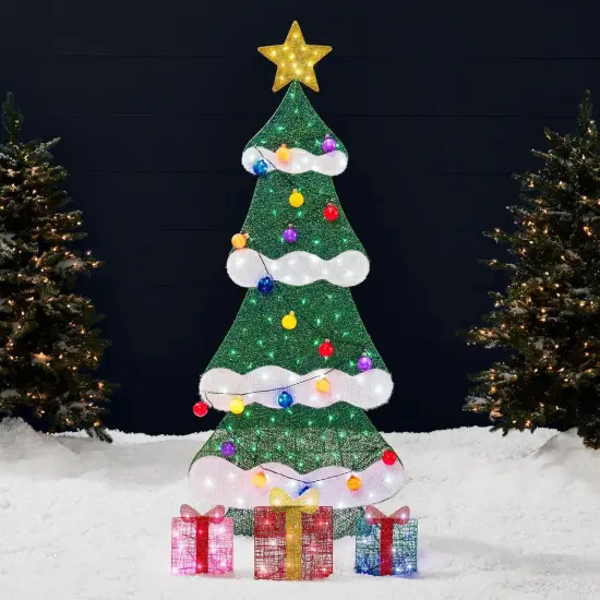 6ftLighted 2D Christmas Tree Outdoor Holiday Display with LED Lights, Gift Boxes & Storage Bag Red/White {8}
