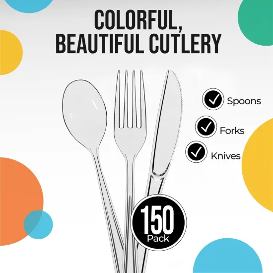 Exquisite Polished Plastic Silverware &ndash; 150 Pcs Heavy Duty Cutlery Set &ndash; 50 Each of Forks, Knives & Spoons &ndash; Disposable Utensil Set for Parties, Events & Catering &ndash; Flatware Set by Party Solids Clear {2}