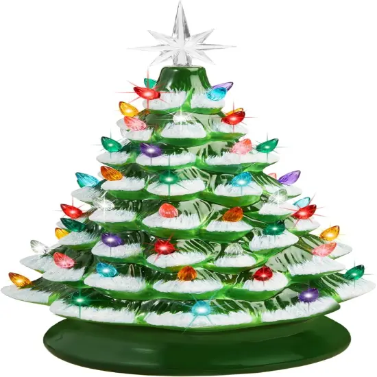 15in Ceramic Christmas Tree Pre-Lit Tabletop Holiday Tree with Star Topper and Multicolored Bulbs Frosted W {1}