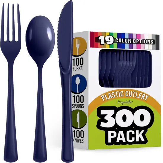 Exquisite Polished Plastic Silverware &ndash; 150 Pcs Heavy Duty Cutlery Set &ndash; 50 Each of Forks, Knives & Spoons &ndash; Disposable Utensil Set for Parties, Events & Catering &ndash; Flatware Set by Party Solids Navy {1}