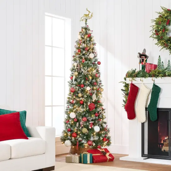 Frosted Pencil Christmas Tree Pre Lit Slim Tree with Pine Cones, 350 Lights & Metal Base {2}