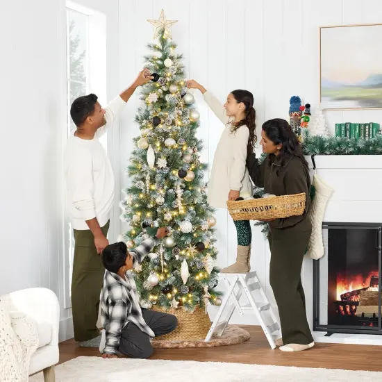 Frosted Pencil Christmas Tree Slim Pre Lit Scotch Pine with White & Multicolor LED Lights {5}