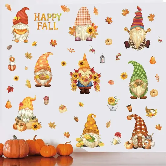 9 Sheet -Fall Wall Stickers Watercolor Gnomes Wall Art Decals Colorful Maple Leaves {1}