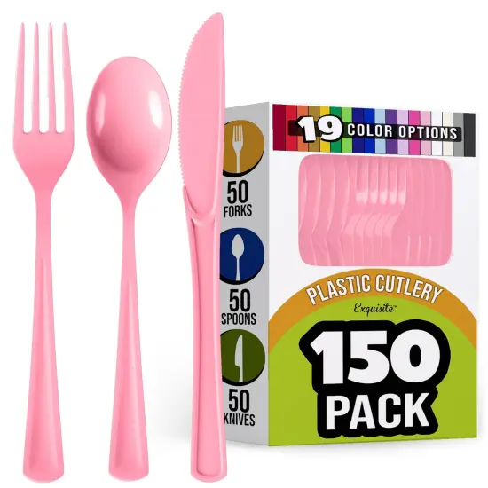 Exquisite Polished Plastic Silverware &ndash; 150 Pcs Heavy Duty Cutlery Set &ndash; 50 Each of Forks, Knives & Spoons &ndash; Disposable Utensil Set for Parties, Events & Catering &ndash; Flatware Set by Party Solids Pink {1}