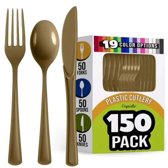Exquisite Polished Plastic Silverware &ndash; 150 Pcs Heavy Duty Cutlery Set &ndash; 50 Each of Forks, Knives & Spoons &ndash; Disposable Utensil Set for Parties, Events & Catering &ndash; Flatware Set by Party Solids Gold {1}