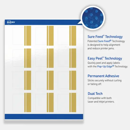 Avery Printable Square Labels, Gold Double-Dipped Edge, 2" x 2", Glossy White Square Labels, Permanent, Laser/Inkjet, 120ct, Great for Product Labels {3}