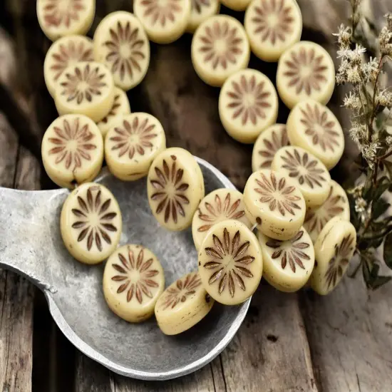 *12* 12mm Dark Bronze Washed Opaque Ivory Aster Flower Coin Beads {3}