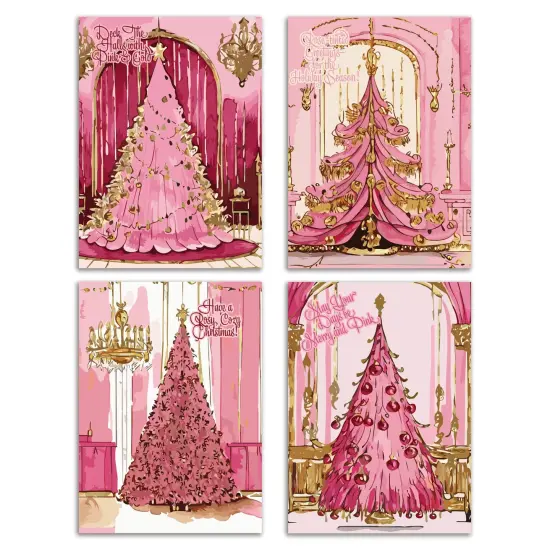 Pink and Gold Christmas Greeting Cards &ndash; Boxed Set of 24 Glamorous Holiday Notecards Featuring Lavish Christmas Tree Designs, Blank Inside with Envelopes Included {1}