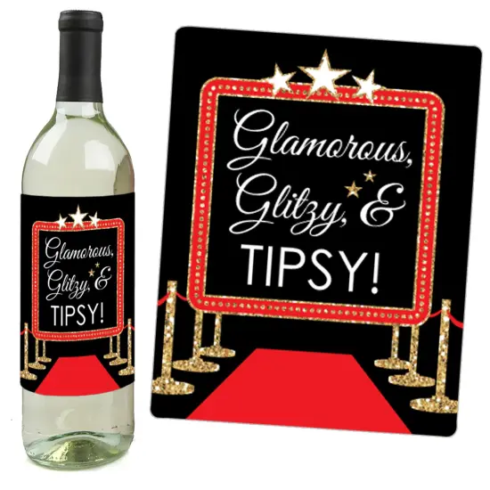 Big Dot of Happiness Red Carpet - Movie Night Party Decorations for Women and Men - Wine Bottle Label Stickers - Set of 4 {6}