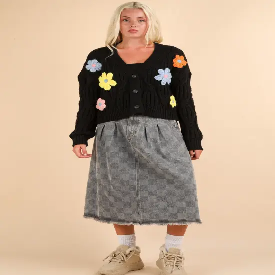 Plus Size Flower Applique Lovely Knit Sweater Cardigan BLACK {1}