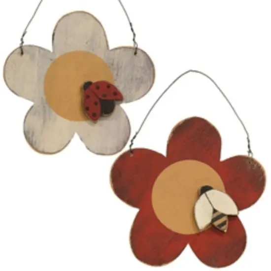 Distressed Wooden Flower & Bug Ornament 2 Asstd. {1}