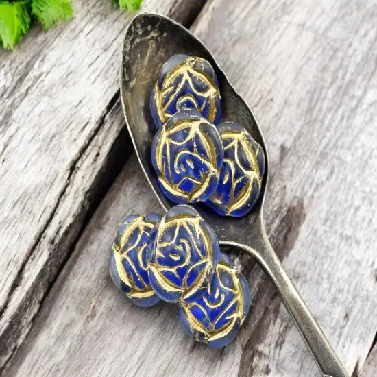 *6* 17mm Gold Washed Matte Sapphire Rose Flower Coin Beads {2}